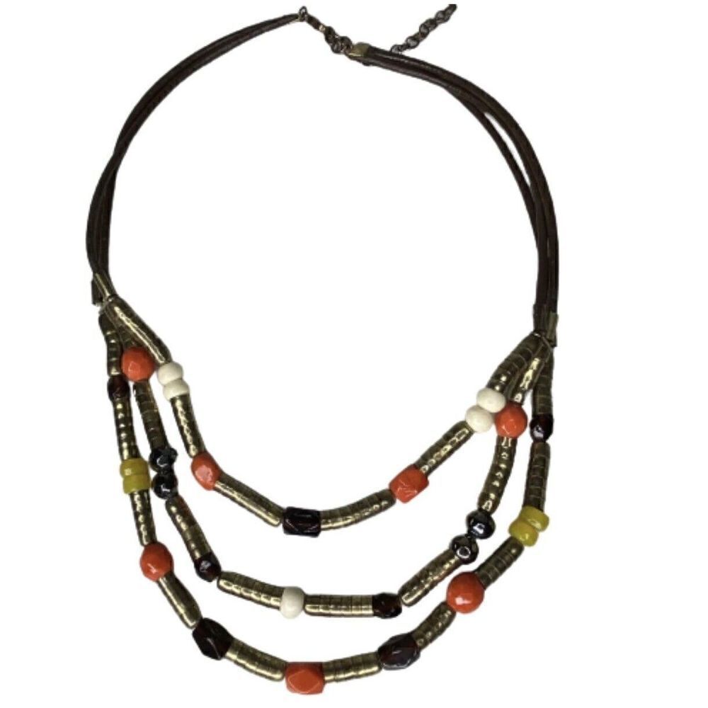METAL GLASS BEAD 3 STRAND BROWN LEATHER GOLDTONE BRONZE STATEMENT NECKLACE J24